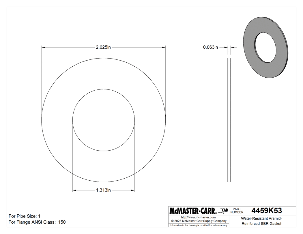 Technical Drawing of Water-Resistant Aramid-Reinforced SBR Gasket, for 1 Pipe Size, ANSI Class 150.